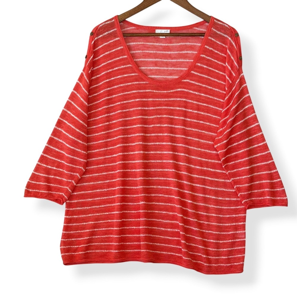 J. Jill Sweater L Coral Striped Linen Button Shoulder Pullover Beach Resort Chic